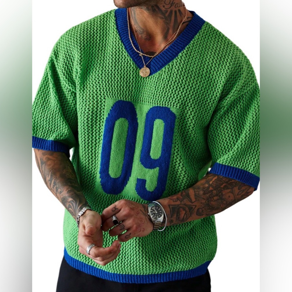 COZYEASE Green and Blue Men's Crochet Shirt
